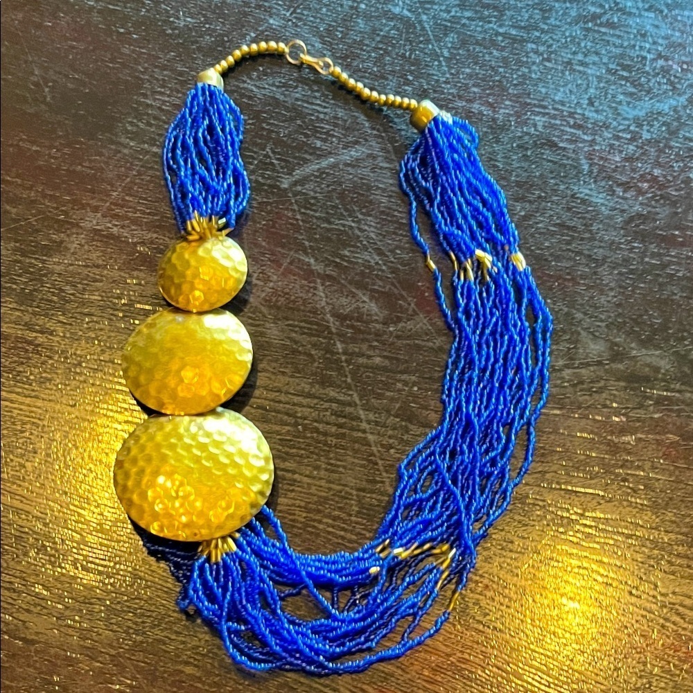 Gold and Blue Beaded Necklace vtg